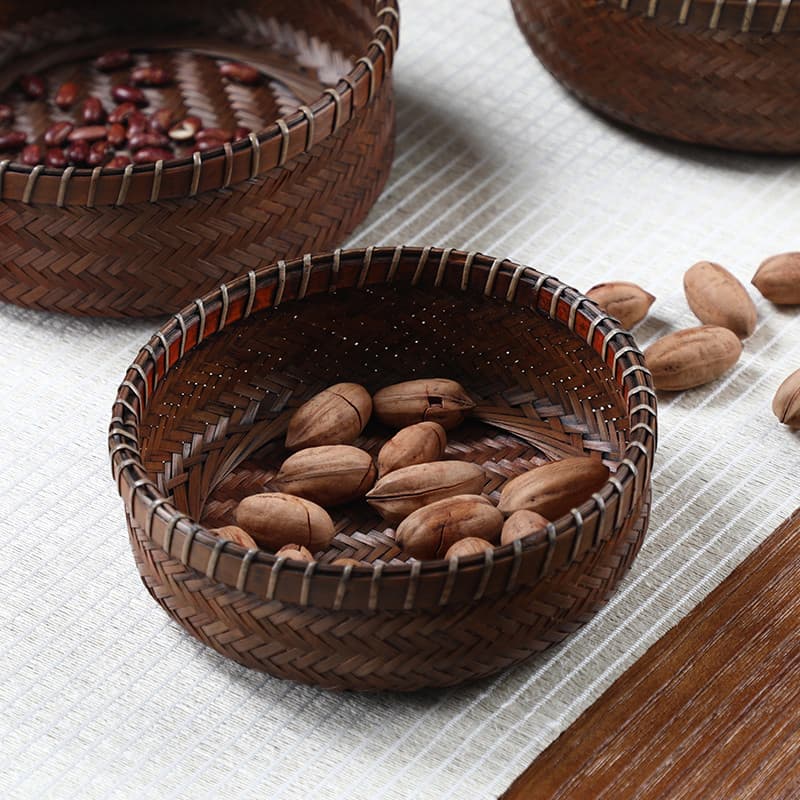 Cesta de frutas tecida de bambu redonda cesta de armazenamento doméstico bandeja de frutas sala de estar lanche cesta de