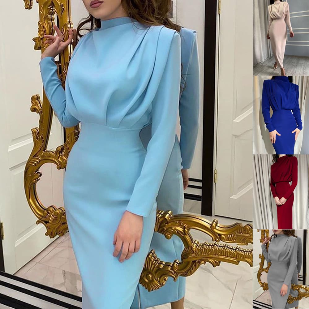 2026 outono inverno novo estilo elegante temperamento cintura estreita estilo ocidental cor sólida vestido de manga comp