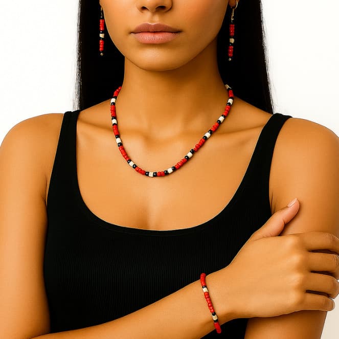 Kit Colar Guia 1 Metro + Conjunto Bijuteria Ajustável Colar Choker,Brinco e Pulseira de Miçanga - Proteção Espiritual