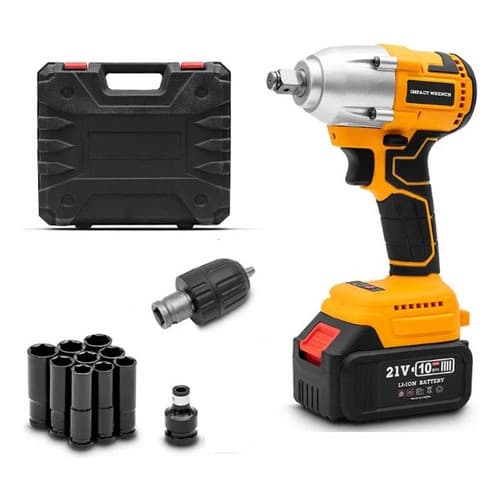 Chave De Impacto Parafusadeira 350N.m 1 Bateria 21v + 9 Soquetes Mandril Bit Maleta
