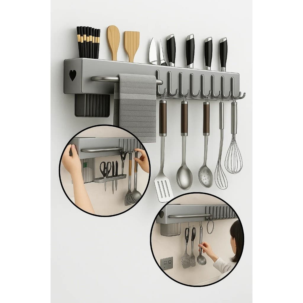 Suporte Organizador para Utensílios de Cozinha com 10 Ganchos - Cor Cinza Ideal para Otimizar Espaço