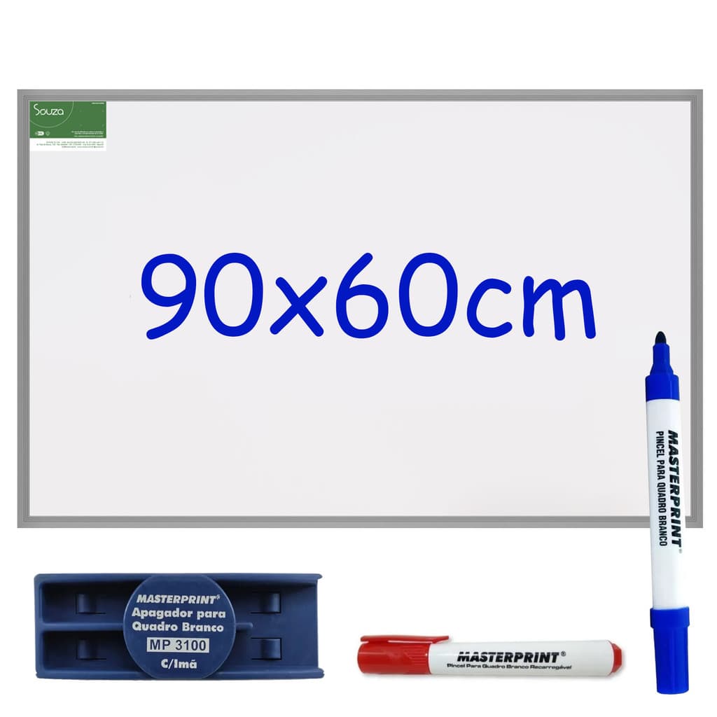 Kit Lousa Quadro Branco Moldura Aluminio 90x60cm - Souza