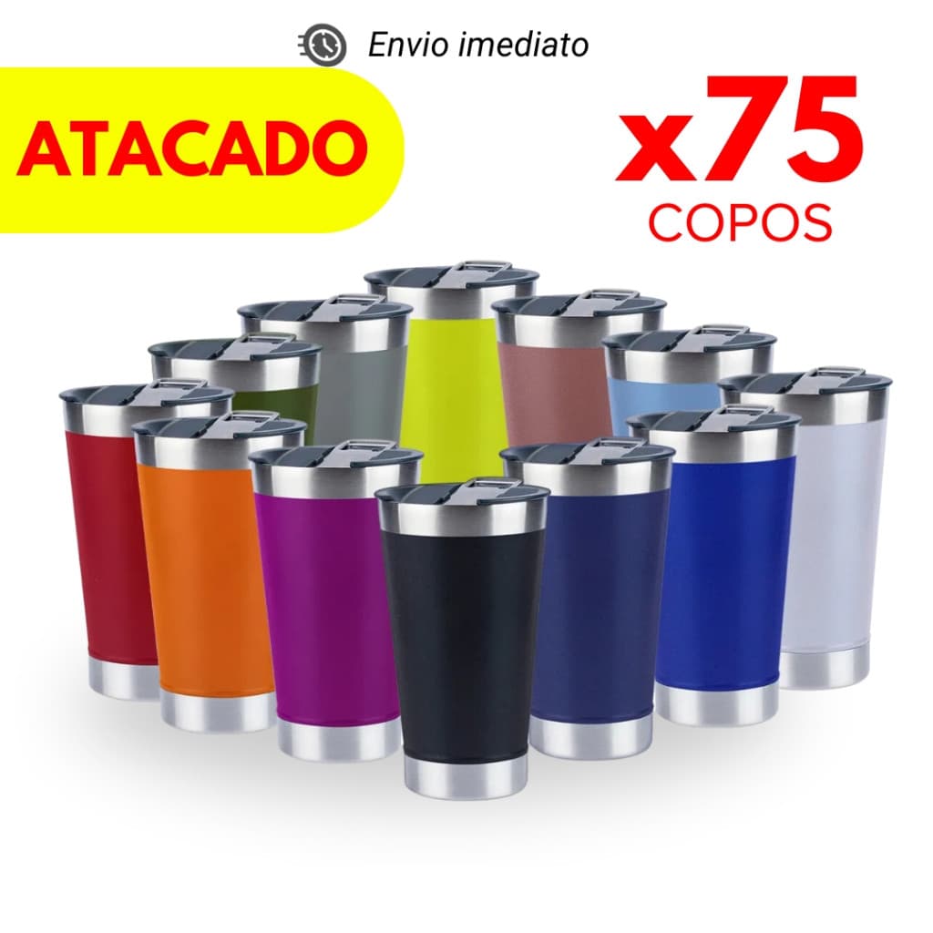 Kit 75 Copo Térmico 473ml Com Tampa e Abridor de Garrafas Copo Inox Atacado Kit 75 Copos
