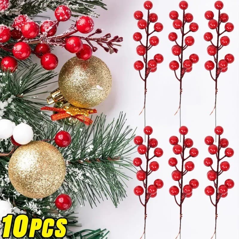 10 Pçs Vermelho Natal Flores Artificiais Hastes Azevinho Berry Ramos Plantas Falsas Decoração Da Árvore De Grinaldas DIY