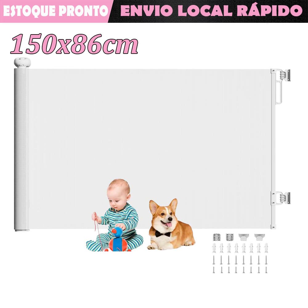 Branco Grade de Proteção Retrátil 150x86cm Ideal para Pets e Bebês Portão de Segurança para Escadas Portas e Ambientes