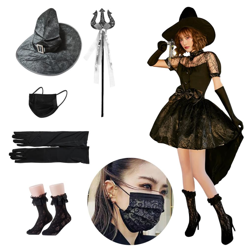 [COCCIA] Conjunto completo de bruxa com roupa preta, cinto de fita, máscara, Halloween, cosplay feminino, fantasia, bru