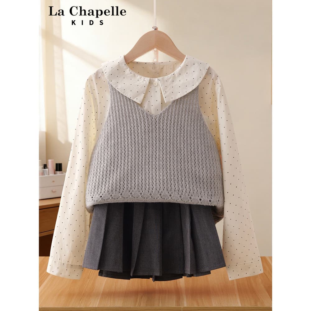 Lasherbell roupas infantis meninas estilo Preppy camisa de bolinhas terno saia primavera moda colete de malha primavera