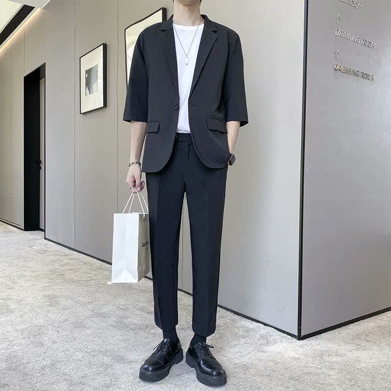 Verão tamanho grande masculino estilo fino gelo seda Drape cabeleireiro pequeno terno calças terno três quartos meados d