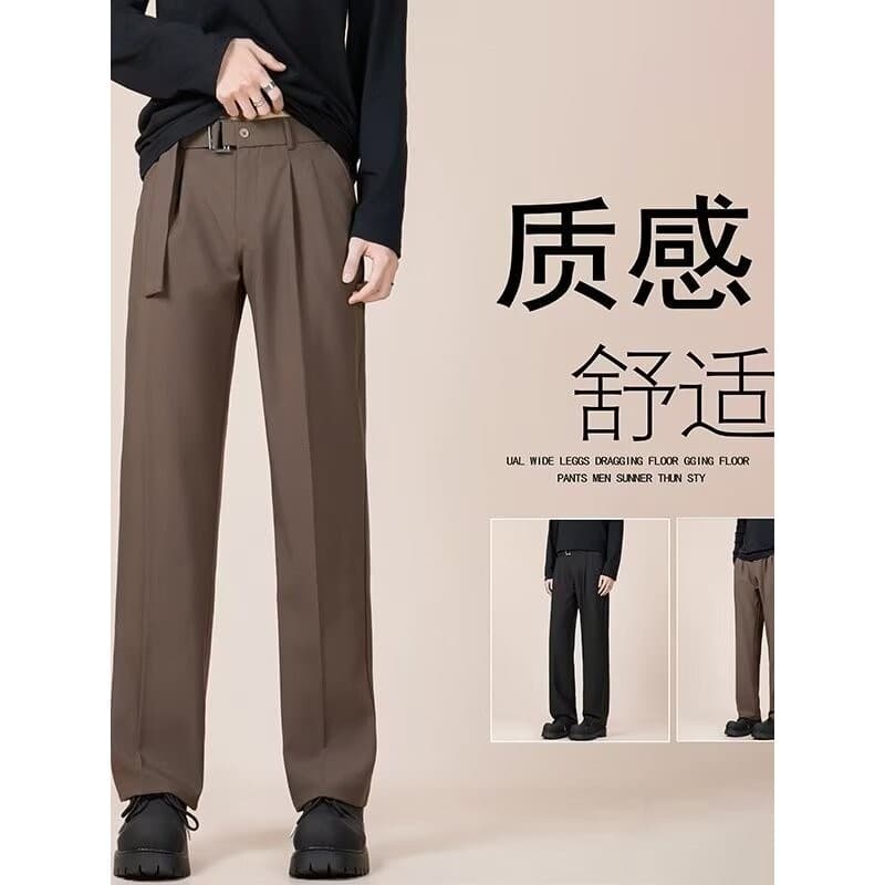 Vem com cinto estilo preguiçoso calças casuais homens Street Wear estilo fino Drape gelo seda solta calças retas calças
