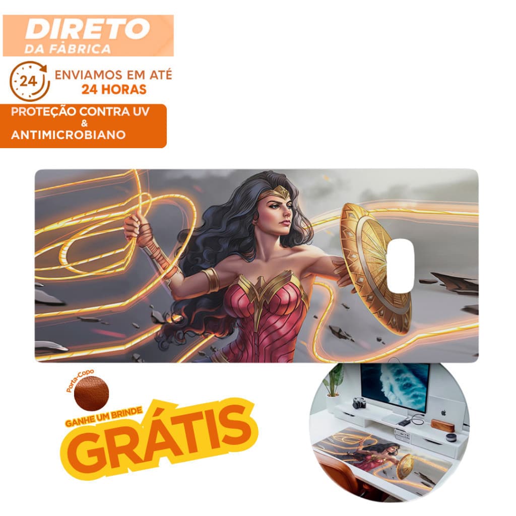 MousePad Grande Antiderrapante Wonder Woman 80x30 Mulher Maravilha Mouse Pad Grande RGB