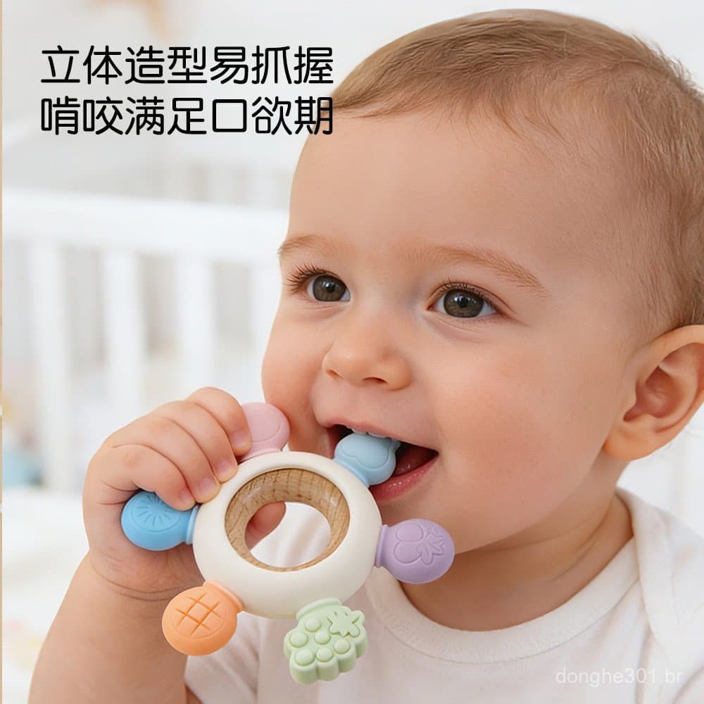 Mordedor de silicone de qualidade alimentar para bebês, produtos infantis, volante de silicone com madeira de faia