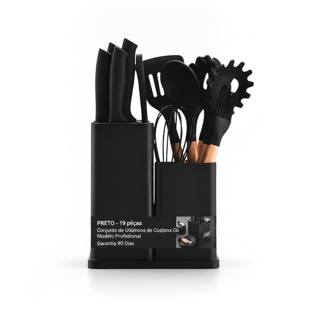 PRETO - 19 peças - Conjunto de Utensílios de Cozinha Co - Modelo Profissional
