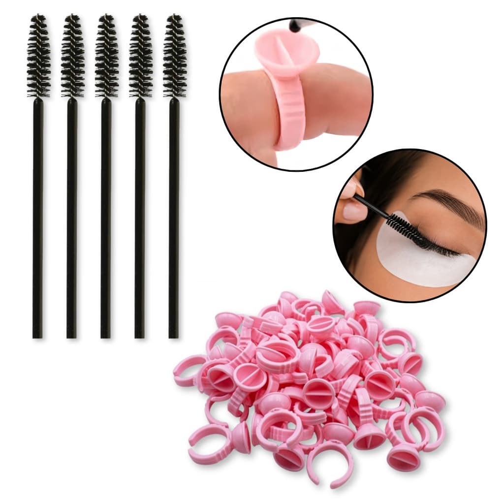 Kit 50 Escovinhas Descartáveis + 100 Anéis Batoque AB1 Henna Micropigmentação Sobrancelhas Cílios