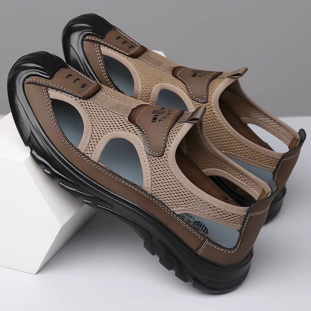 Verão respirável masculino Baotou sandálias oco malha buraco sapatos ao ar livre antiderrapante leve esportes casuais sa