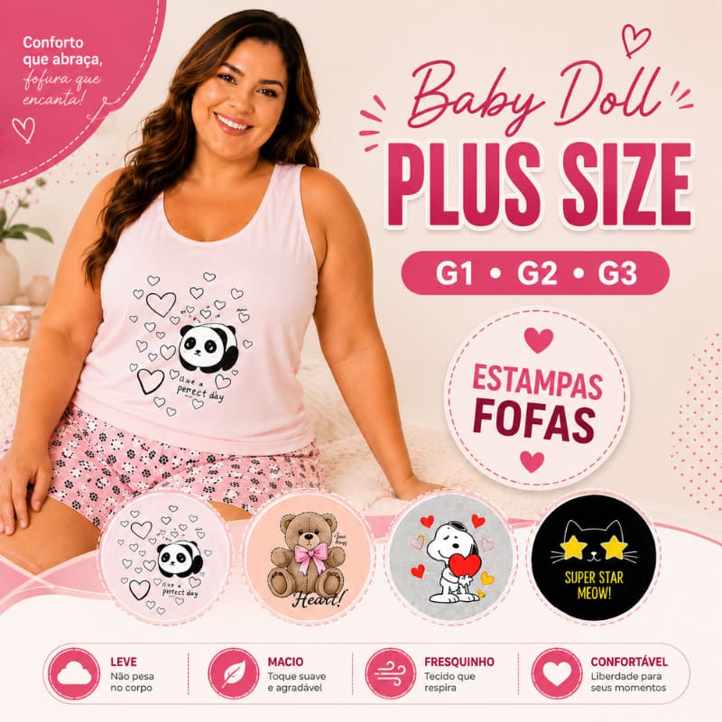 Baby Doll Plus Size Feminino G1 G2 G3 Pijama Curto Estampado Confortável Roupa de Dormir Feminina |301PL| Promoção