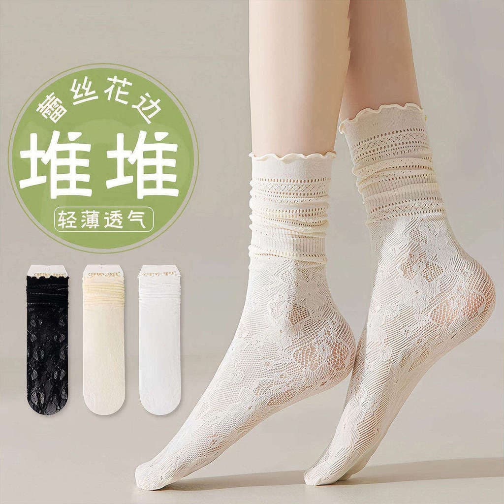 Pilha meias femininas primavera verão fino rendas meados de tubo meias estilo Ballet preto gelo meias luz respirável