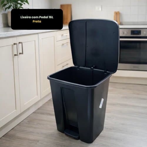 Lixeira Pedal 16 Litros Preta Residencial Comercial Pratica Moderna