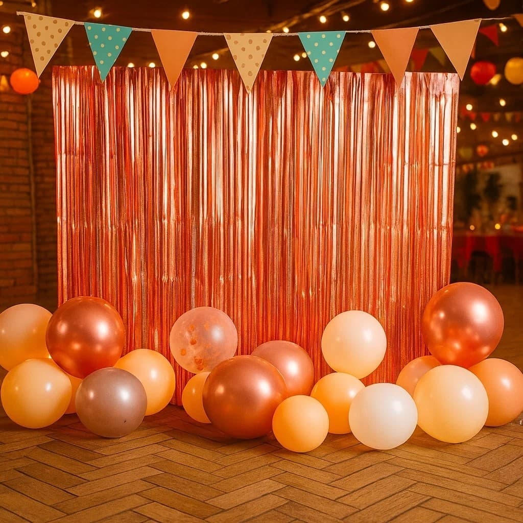Cortina Metalizada Rose Gold para Decoração de Festas