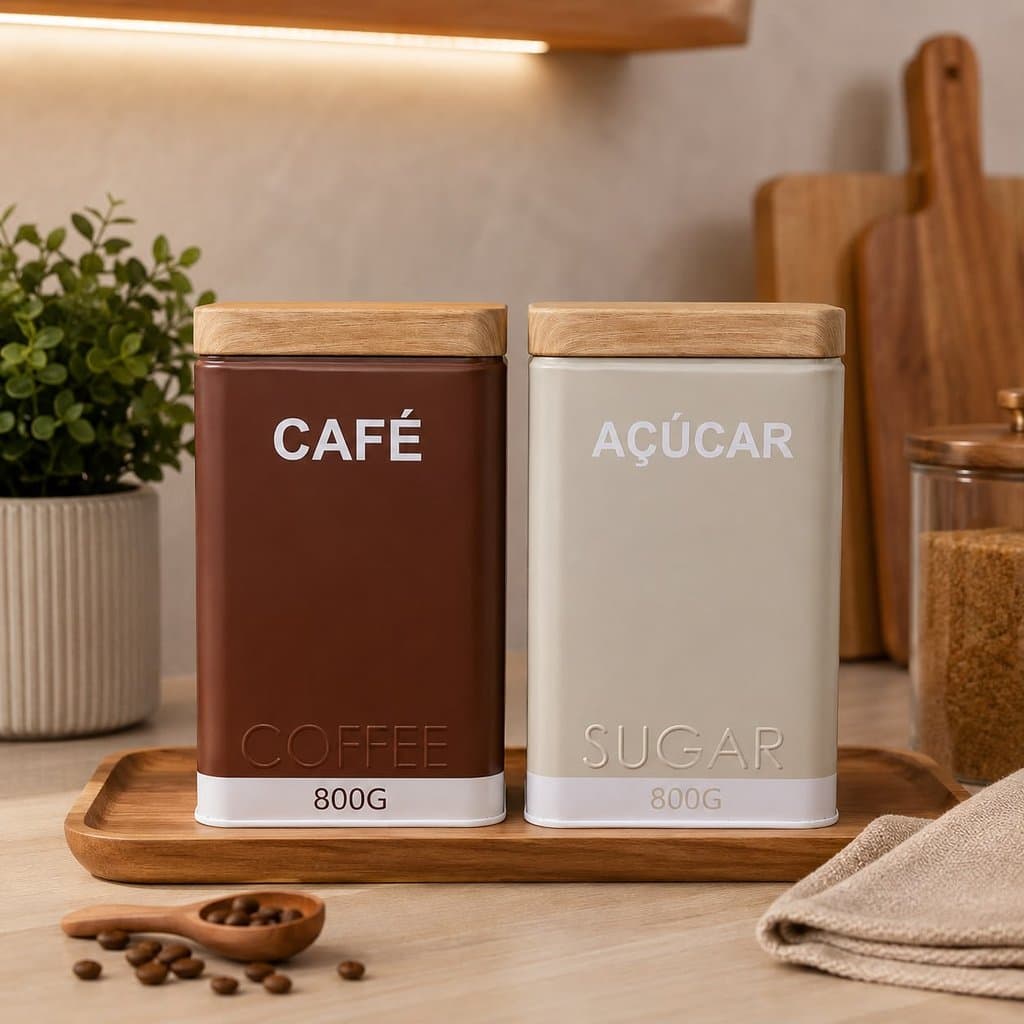 Kit 2 Latas Hérmetico Pote 800g Café e Açúcar Porta Organidor de Cozinha Mantimentos Multiuso Metal
