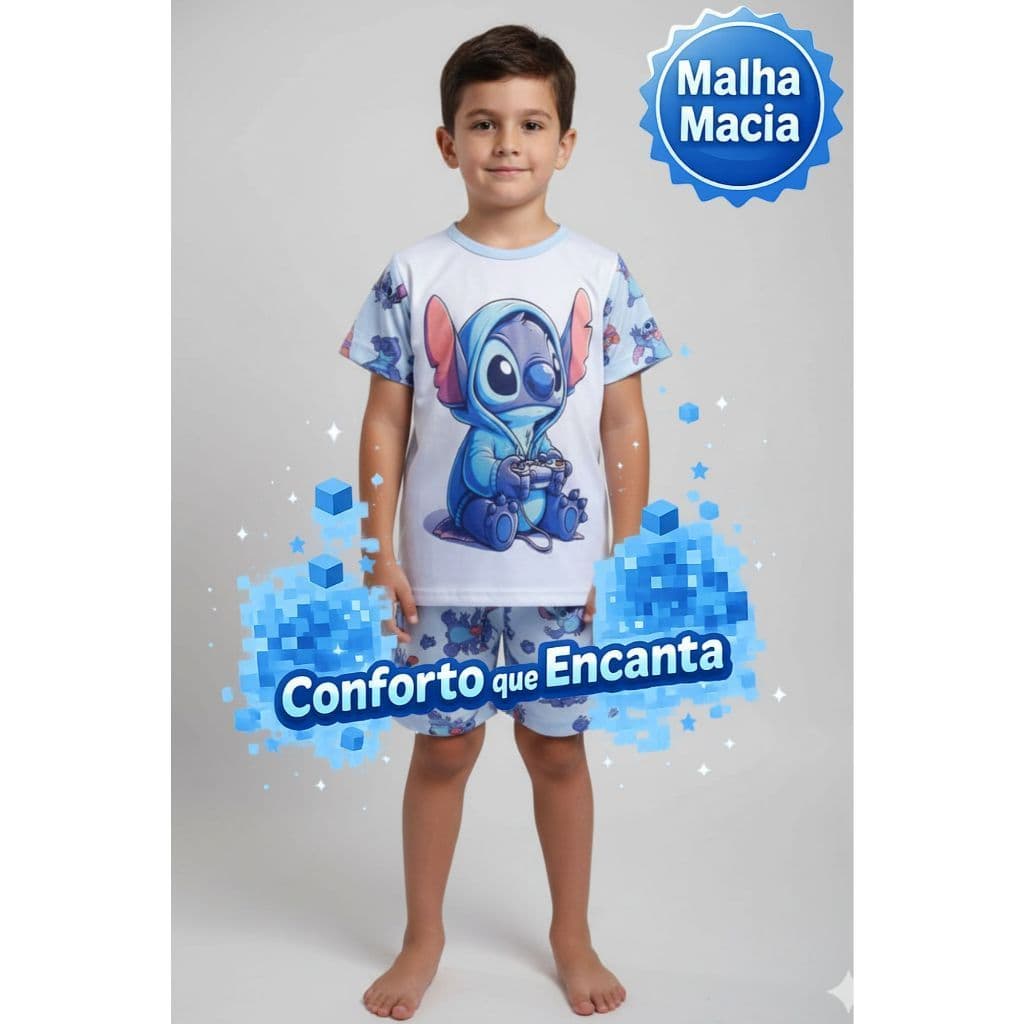 Pijama Masculino Infantil Personagem Stitch Manga Curta Leve