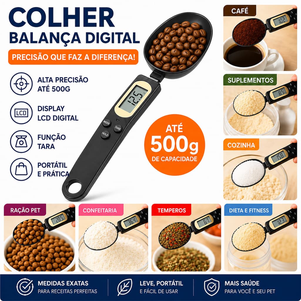Balança Colher Digital LCD 300g Medidor Eletrônico Alta Precisão Café Whey Pet Cozinha