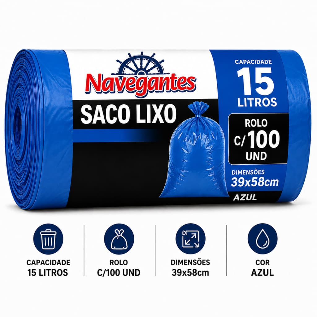 Saco Lixo 15 litros Rolo C/100 Und Azul Navegantes 39x58cm