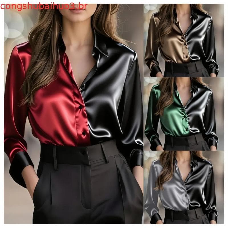 Csa Elegante Feminina de Manga Longa em Seda, Csa Preta com Gola Reversível, Botões Frontais, Detalhes em Cetim, B