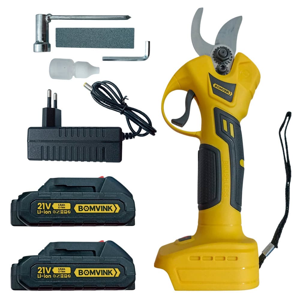 Tesoura de Poda Elétrica a Bateria 21V Bomvink BOM-9106 2 Baterias 1.5Ah Bivolt Corte 3cm Jardim Galhos Profissional
