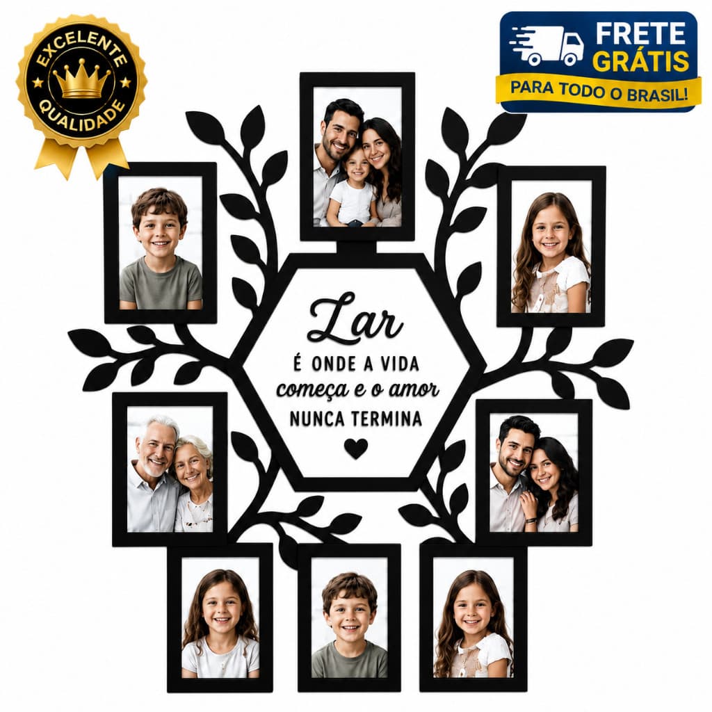 Quadro Decorativo com Molduras para Fotos 10x15 – Árvore da Família em MDF Preto