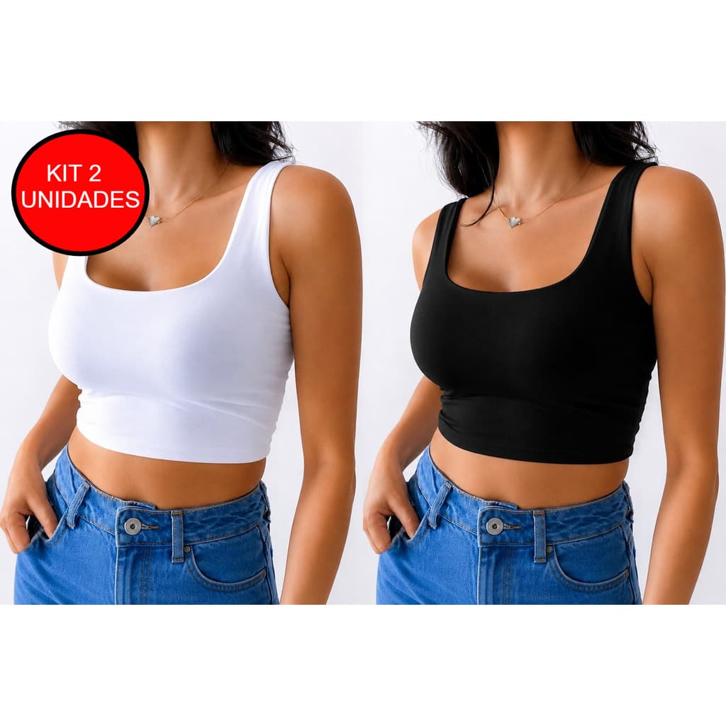KIT COM 2 UNIDADES CROPPED FEMININO REGATA ALÇA GROSSA SUPLEX PREMIUM BOJO - ENVIO IMEDIATO