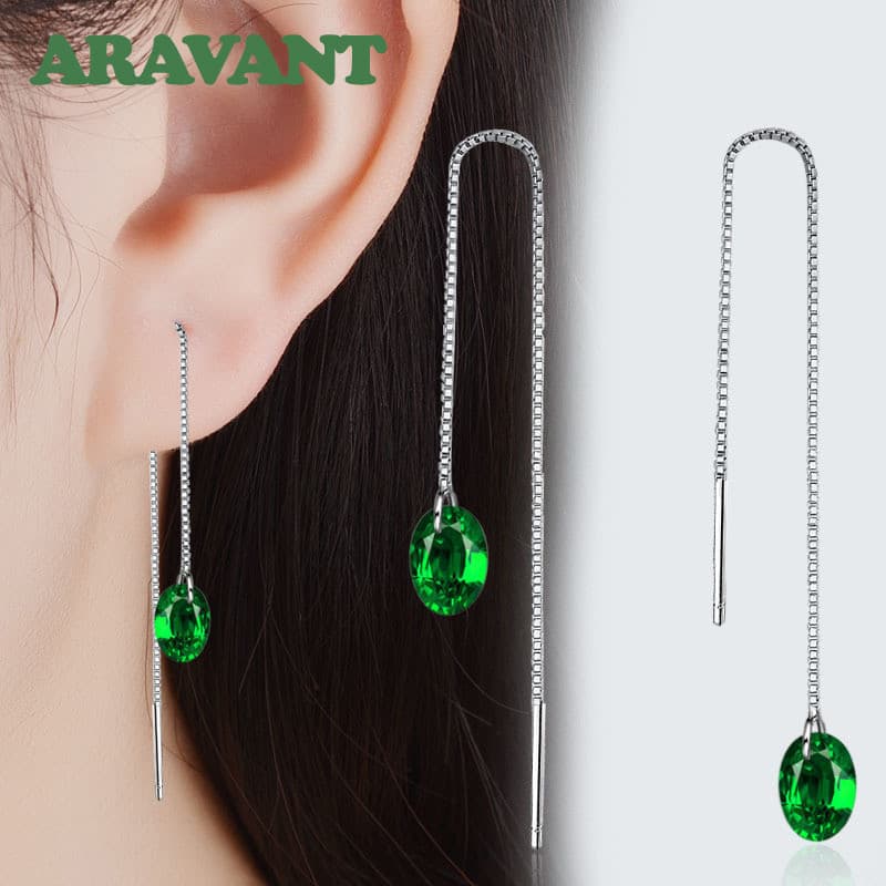 Brincos de corrente longa Aravant em prata 925 com zircônia verde, joias elegantes adequadas para mulheres e meninas.