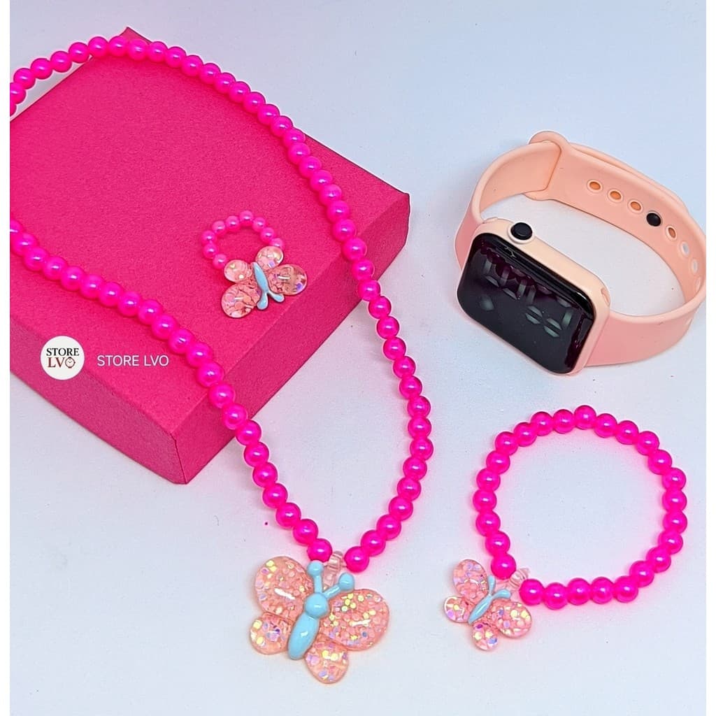 Kit Relógio Infantil Digital Esportivo Silicone Resistente água + Conjunto Colar Pulseira Anel Miçangas Pérolas