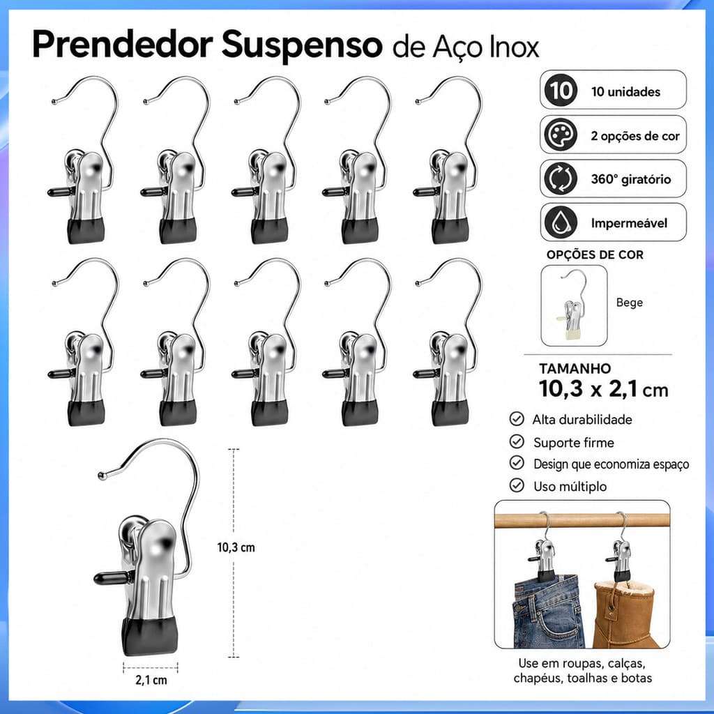 Clipe de suspensão de aço inoxidável multiuso, à prova d'água, à prova de ferrugem, rotativo, calças, Rack, toalha, ganc