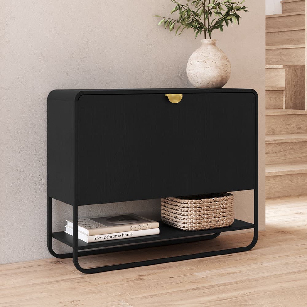 Sapateira Vertical Aparador 93cm Orgânica Industrial Alek A03 Nero Preto - Lyam Decor
