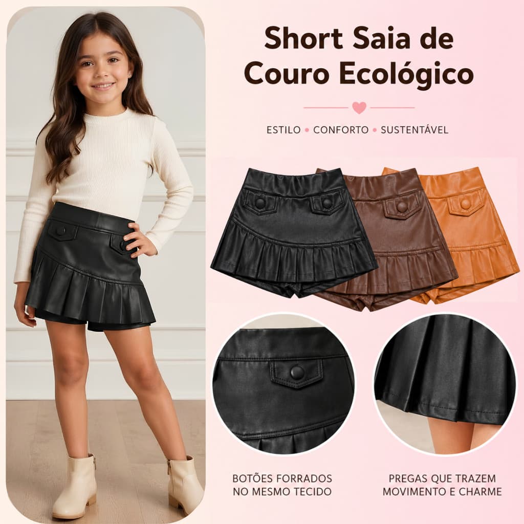 Short Saia Couro Ecologico Infantil Roupa Feminina Moda Menina 2 até 10 anos