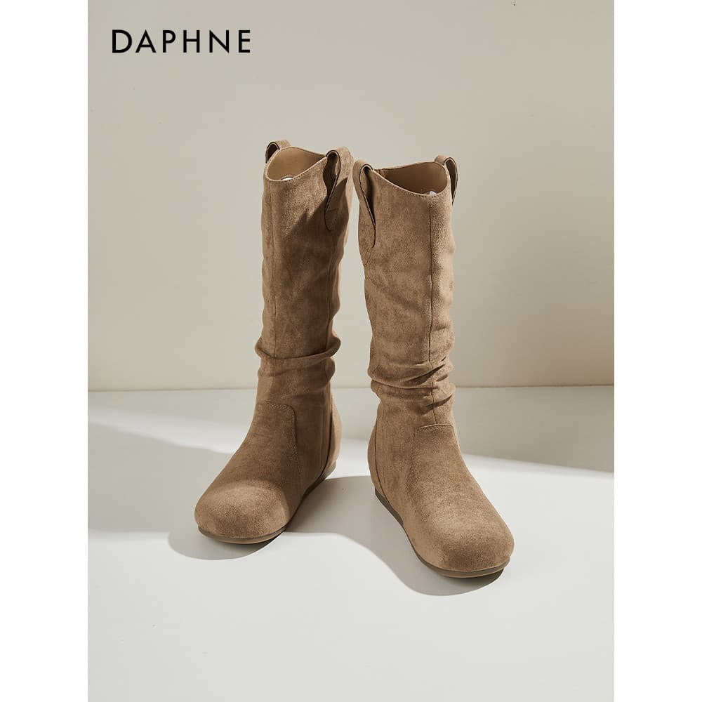 Daphne botas planas femininas 2026 novo estilo primavera estilo fino camurça Retro pilha botas de Cowboy ocidental