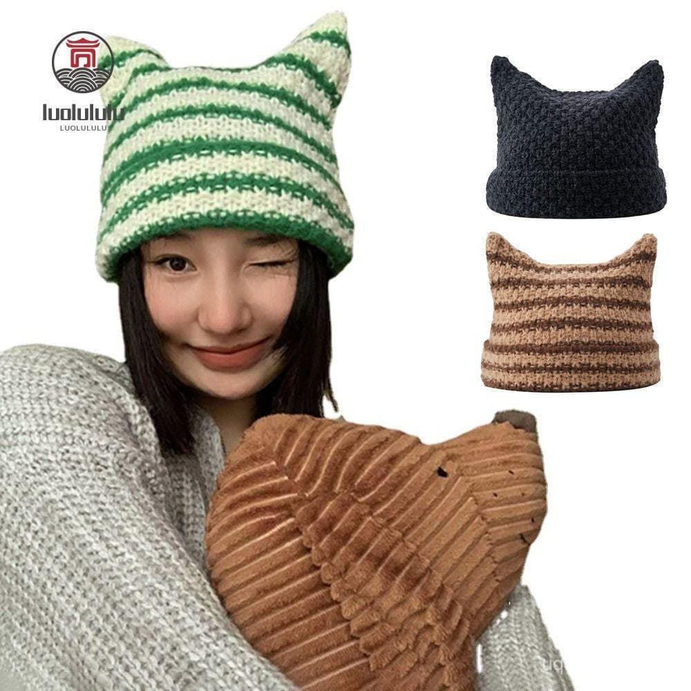 LUOLULULU Ins Little Devil Chapéus Femininos Com Orelhas De Gato Fofas Outono Inverno Boné Casual Listrado
