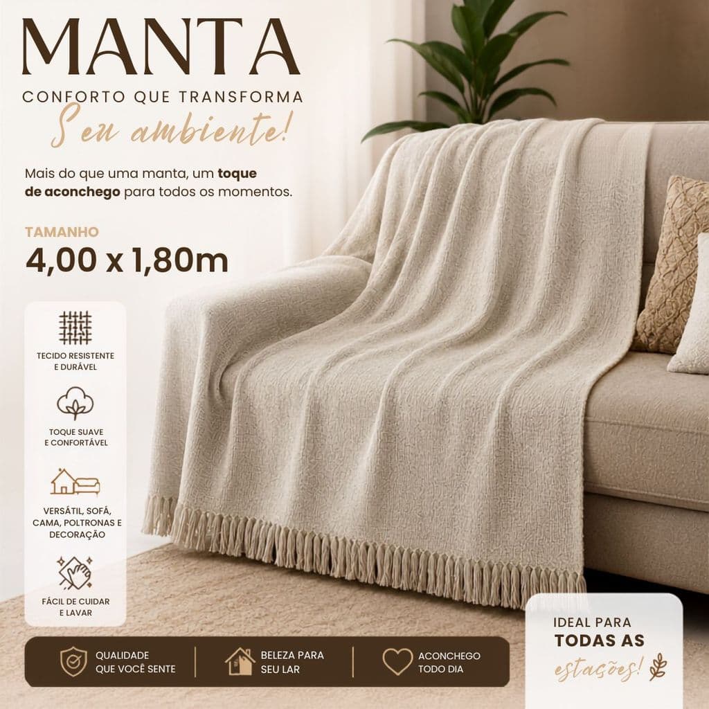 Manta Decorativa Para Sofá 4,00 x 1,80 King Luxo Proteção Decoração e Elegância