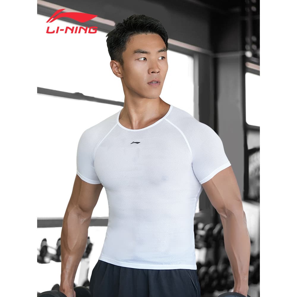 Li Ning Fitness Top esportivo masculino de manga curta de secagem rápida respirável terno de treinamento de ferro muscul