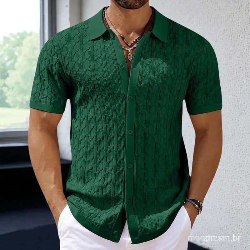 Camisa Masculina Lisa com Gola Dobrada, Camisa de Negócios de Manga Curta, Blusas de Malha Soltas com Botões, Cardigã