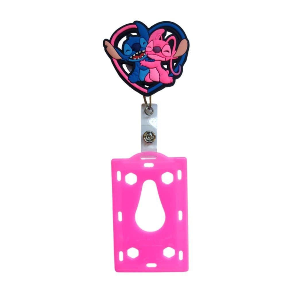 Kit Porta Crachá Retrátil Personalizado Stitch & Angel + Porta Cartão
