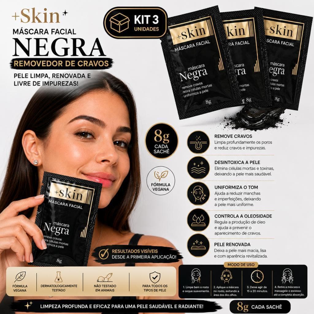 Kit 3 Máscaras Faciais Negras +Skin 8g - Removedor de Cravos