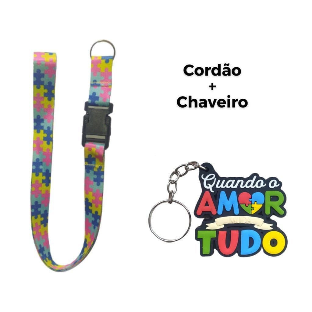 Kit Chaveiro Cordão Moto Pescoço Fecho Engate Rápido Crachá Autista/TEA Quebra Cabeça Rosa + Chaveiro Emborrachado Autis