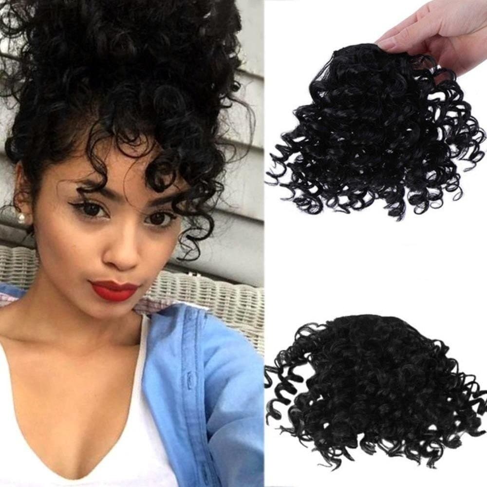 AMWOO Franja De Cabelo , Clipe De Extensões Em Postiços Peruca Encaracolada , Peças Afro Curtas Resistentes Ao Calor