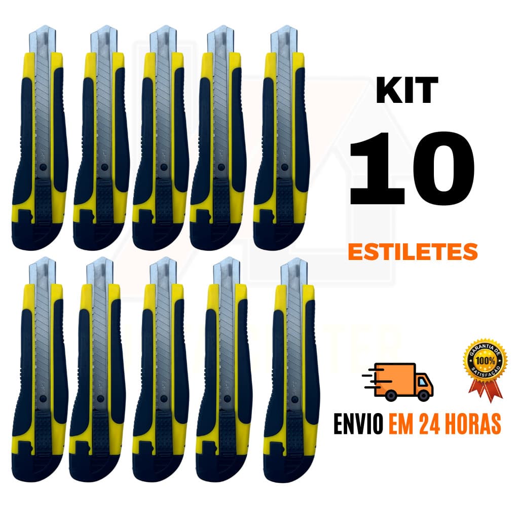 Kit 10 Estilete Profissional Lâmina 18mm Alta Qualidade Precisão Emborrachado Volta Aulas Escritório