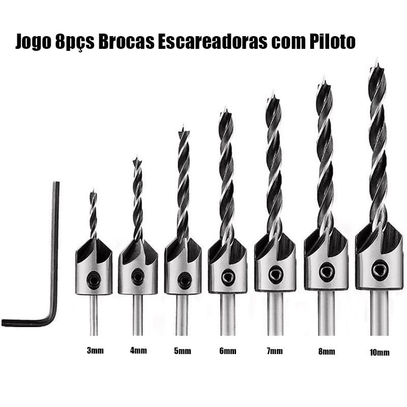 Jogo Kit Broca Escariadora 8 Peças Madeira Piloto