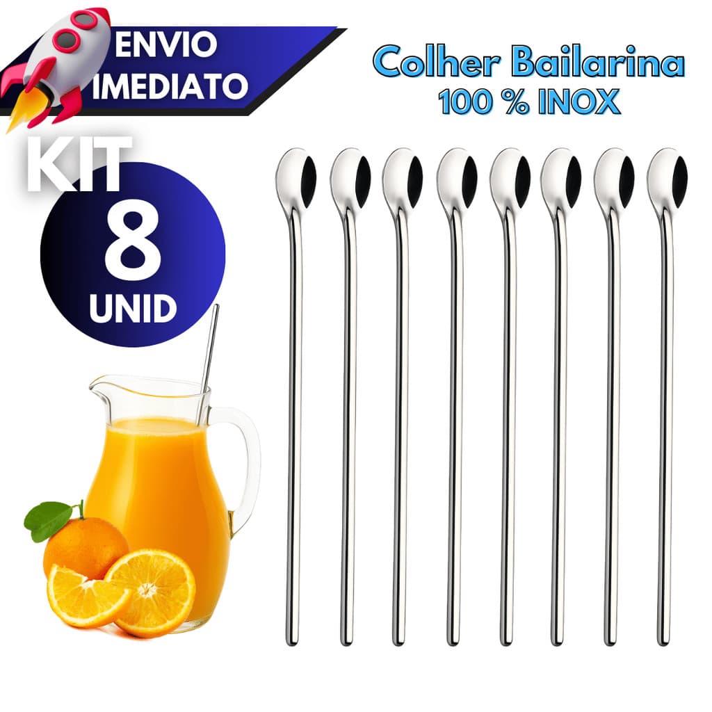 Kit 1/2/5/8 Colher Bailarina 30cm Inox Para Suco Drinks Coquetel Mexedora Grande