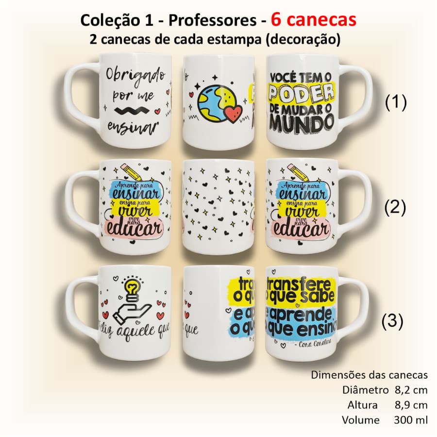 06 Canecas de porcelana decorada, 300 ml, xícara, café, chá, Col1-Professores