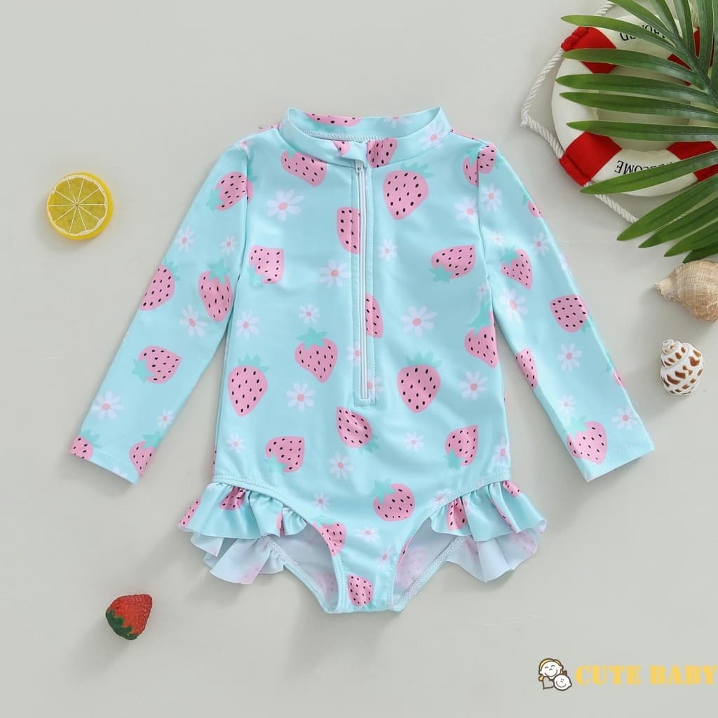 Maiô Eph-Kids Para Bebês Meninas Com Estampa De Morango E Zíper De Manga Comprida Babados,1-6 Anos