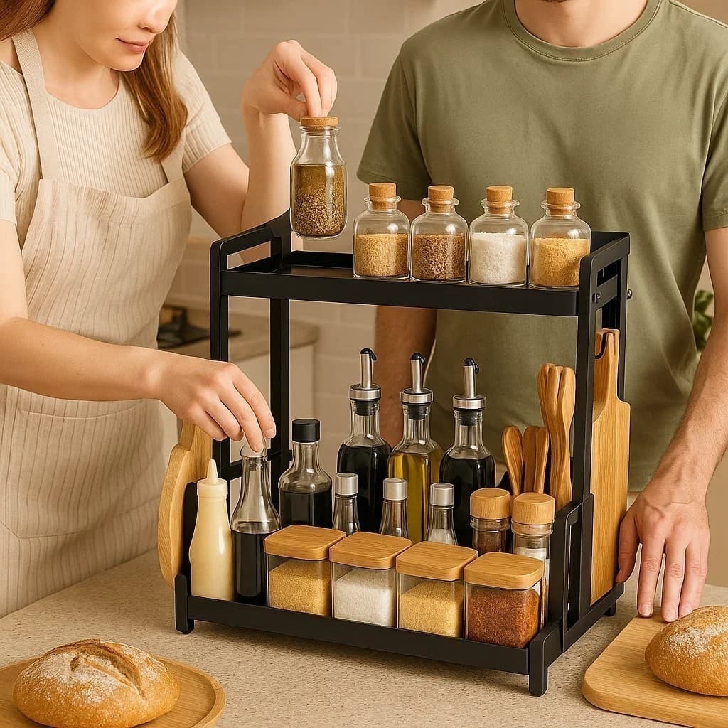 Organizador de Frascos para Cozinha, Potes de Tempero Preto, Rack com Gancho, Prateleira e Suporte